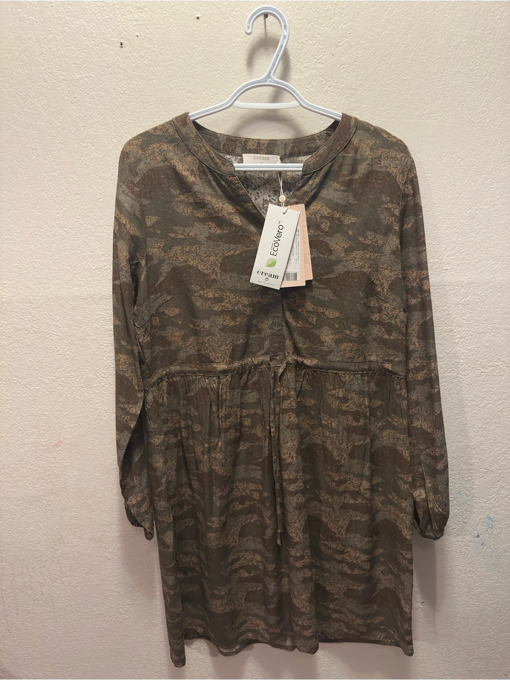 Cream Olive Camo-Print Tunic Dress